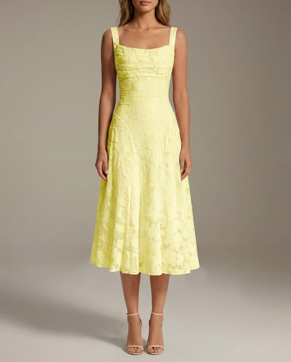 Square Neck Textured Floral Midi Dress