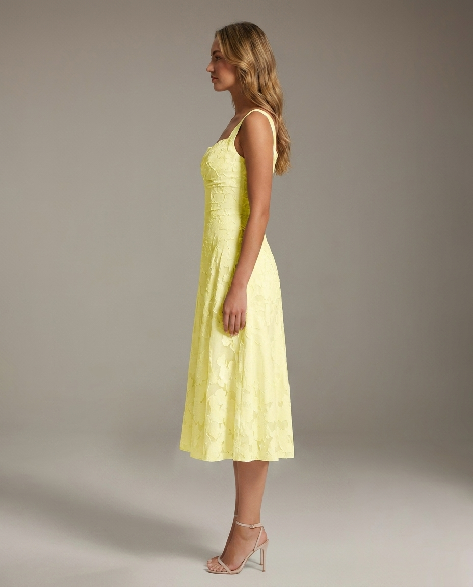 Square Neck Textured Floral Midi Dress