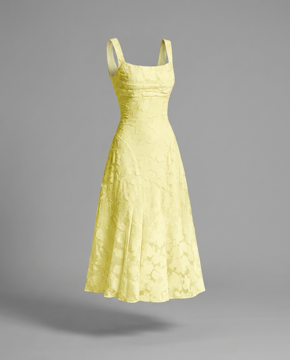 Square Neck Textured Floral Midi Dress