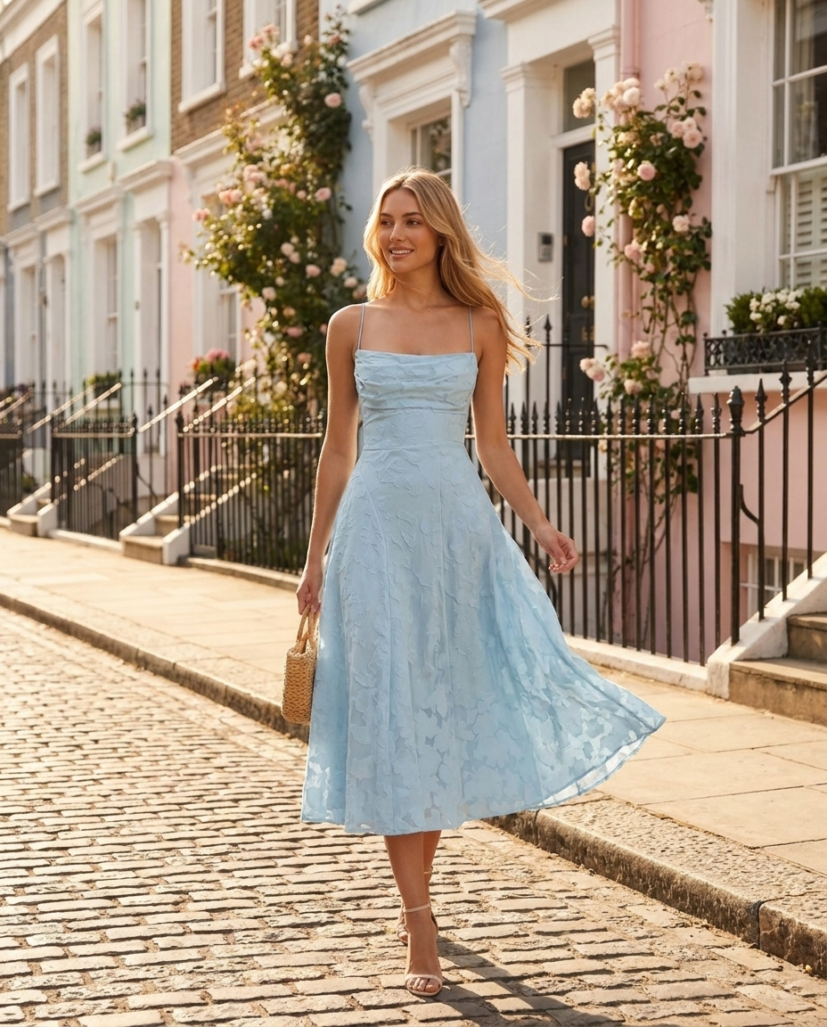 Cowl Neck Textured Floral Midi Dress